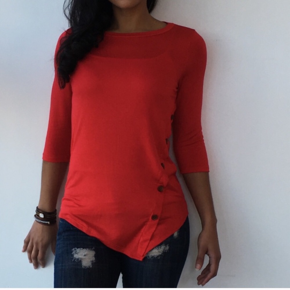 Red Top w/ Asymmetrical Buttons Detail - Picture 2 of 2